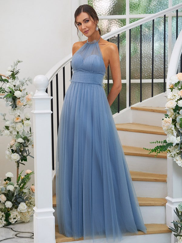 A-Line/Princess Tulle Ruched Halter Sleeveless Floor-Length Bridesmaid Dresses TPP0004960