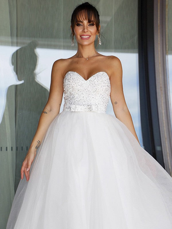 Ball Gown Tulle Sweetheart Bowknot Sleeveless Floor-Length Wedding Dresses TPP0006196