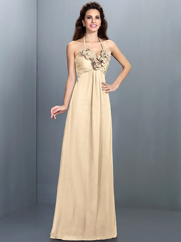 A-Line/Princess Halter Hand-Made Flower Sleeveless Long Chiffon Bridesmaid Dresses TPP0005807