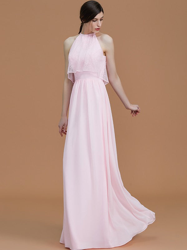 A-Line/Princess Halter Sleeveless Floor-Length Ruffles Chiffon Bridesmaid Dresses TPP0005706