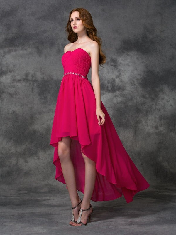 A-line/Princess Sweetheart Beading Sleeveless High Low Chiffon Bridesmaid Dresses TPP0005437