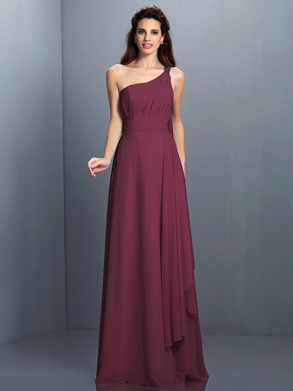 A-Line/Princess One-Shoulder Pleats Sleeveless Long Chiffon Bridesmaid Dresses TPP0005350