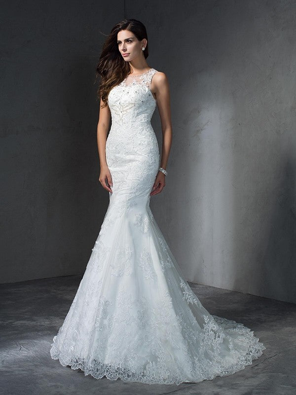 Trumpet/Mermaid Scoop Applique Sleeveless Long Lace Wedding Dresses TPP0006136