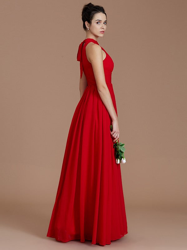 A-Line/Princess Halter Sleeveless Ruched Floor-Length Chiffon Bridesmaid Dresses TPP0005060