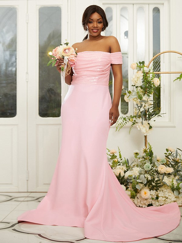 Sheath/Column Stretch Crepe Ruched Off-the-Shoulder Sleeveless Sweep/Brush Train Bridesmaid Dresses TPP0004974