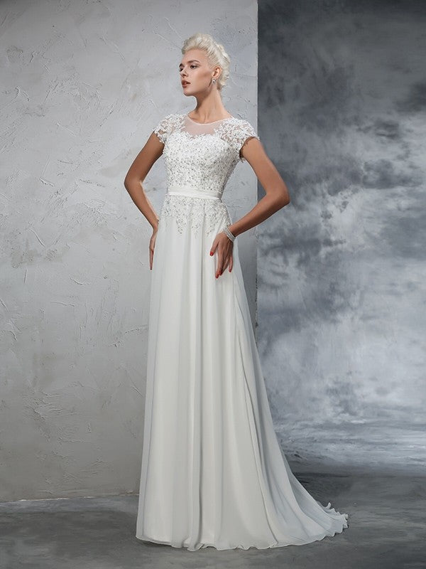 A-Line/Princess Sheer Neck Applique Short Sleeves Long Chiffon Wedding Dresses TPP0006193