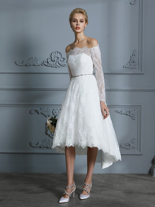 A-Line/Princess Long Sleeves Off-the-Shoulder Asymmetrical Lace Wedding Dresses TPP0006338