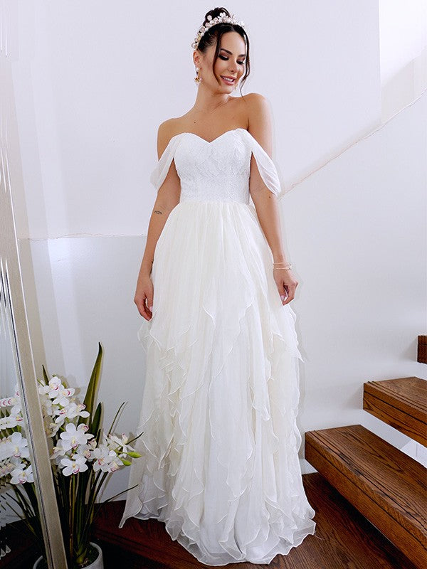 A-Line/Princess Sleeveless Off-the-Shoulder Ruched Chiffon Floor-Length Wedding Dresses TPP0005964