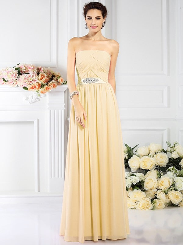 A-Line/Princess Strapless Pleats Sleeveless Long Chiffon Bridesmaid Dresses TPP0005716