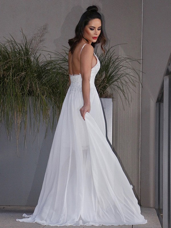 A-Line/Princess Applique Chiffon V-neck Sleeveless Sweep/Brush Train Wedding Dresses TPP0006445