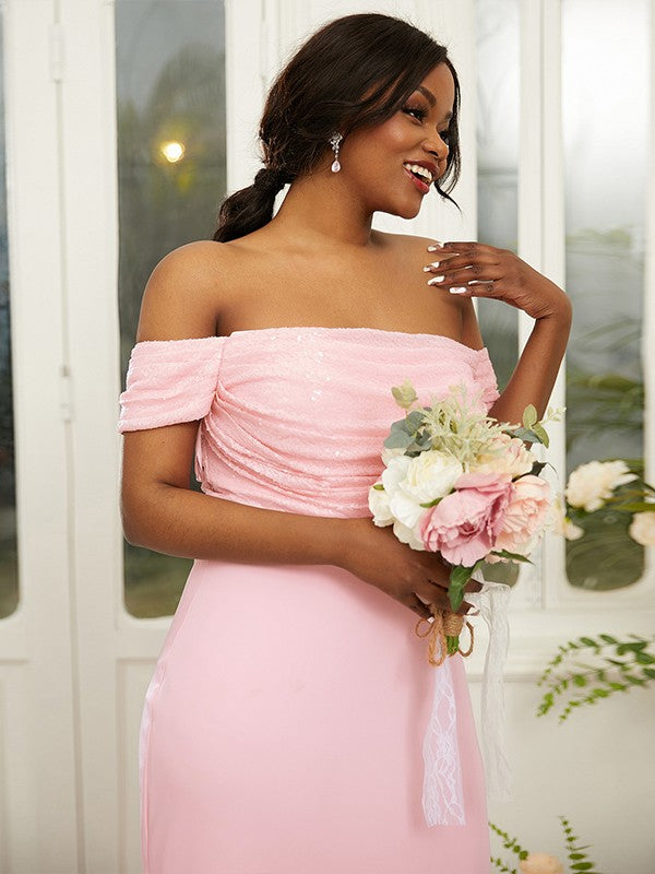 Sheath/Column Stretch Crepe Ruched Off-the-Shoulder Sleeveless Sweep/Brush Train Bridesmaid Dresses TPP0004974