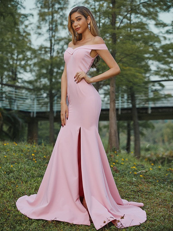 Sheath/Column Stretch Crepe Ruched Off-the-Shoulder Sleeveless Sweep/Brush Train Bridesmaid Dresses TPP0005007