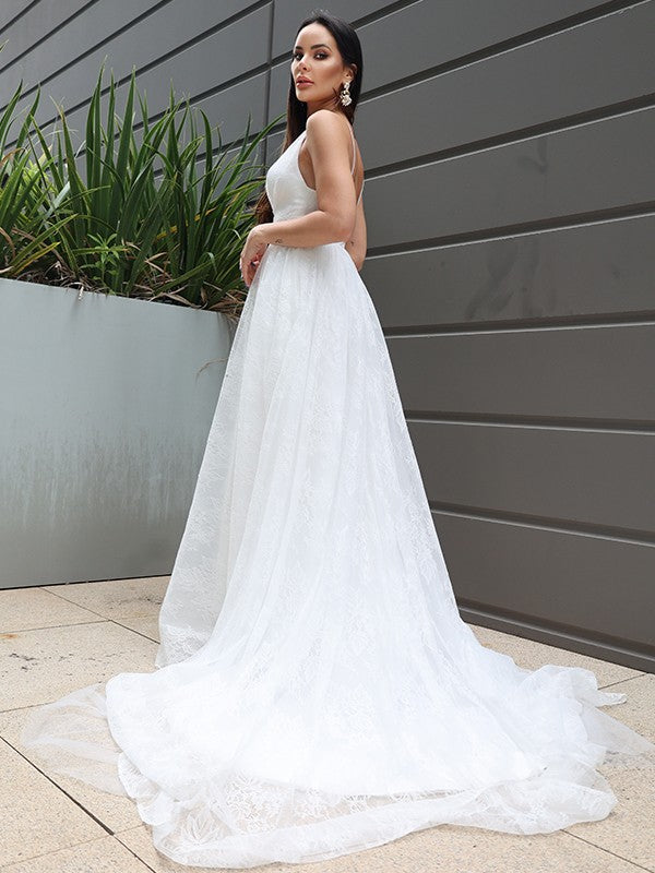A-Line/Princess Lace Ruched V-neck Sleeveless Sweep/Brush Train Wedding Dresses TPP0006312