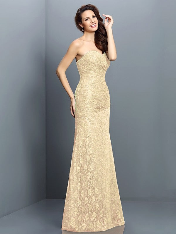 A-Line/Princess Sweetheart Lace Sleeveless Long Satin Bridesmaid Dresses TPP0005630