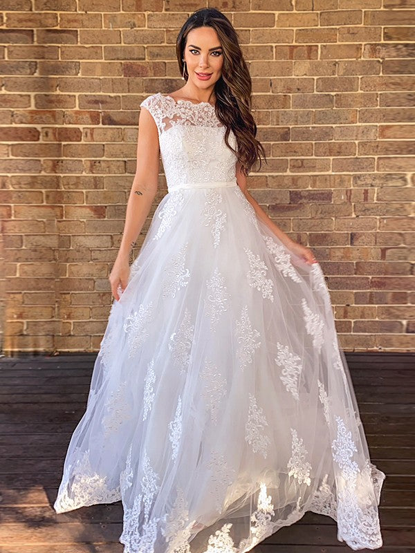 A-Line/Princess Lace Sleeveless Scoop Sweep/Brush Train Wedding Dresses TPP0006152