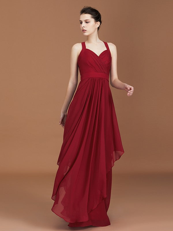 A-Line/Princess Straps Chiffon Ruched Floor-Length Sleeveless Bridesmaid Dresses TPP0005557