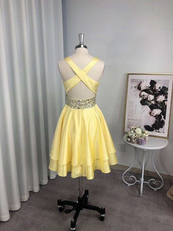 A-Line/Princess Satin Beading Scoop Sleeveless Short/Mini Homecoming Dresses TPP0004779