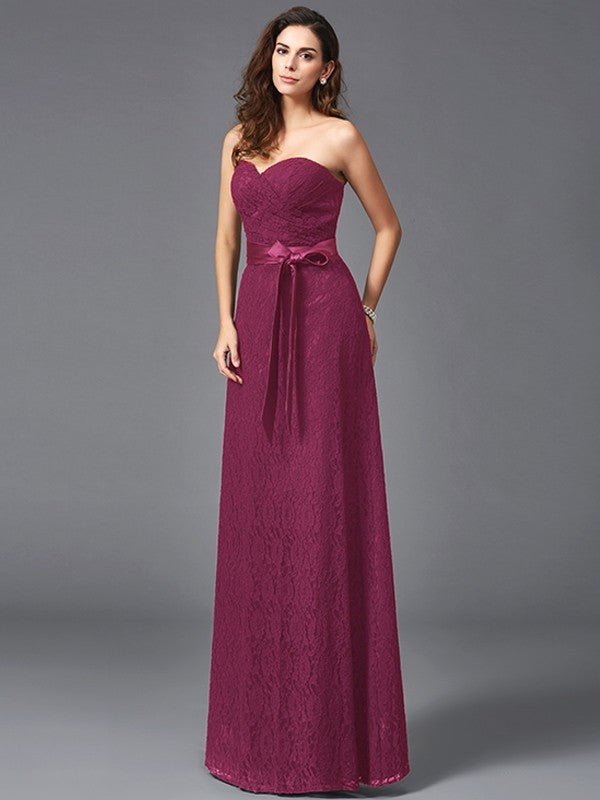 A-Line/Princess Sweetheart Sash/Ribbon/Belt Sleeveless Long Lace Bridesmaid dresses TPP0005357