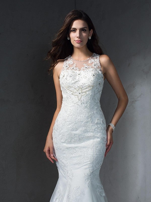 Trumpet/Mermaid Scoop Applique Sleeveless Long Lace Wedding Dresses TPP0006136