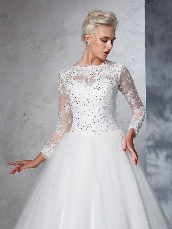 Ball Gown Bateau Lace Long Sleeves Long Net Wedding Dresses TPP0006264