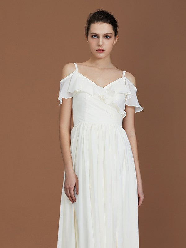 A-Line/Princess Short Sleeves Spaghetti Straps Ruched V-neck Floor-Length Chiffon Bridesmaid Dresses TPP0005580