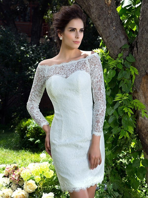 Sheath/Column Scoop Long Sleeves Short Satin Wedding Dresses TPP0006525