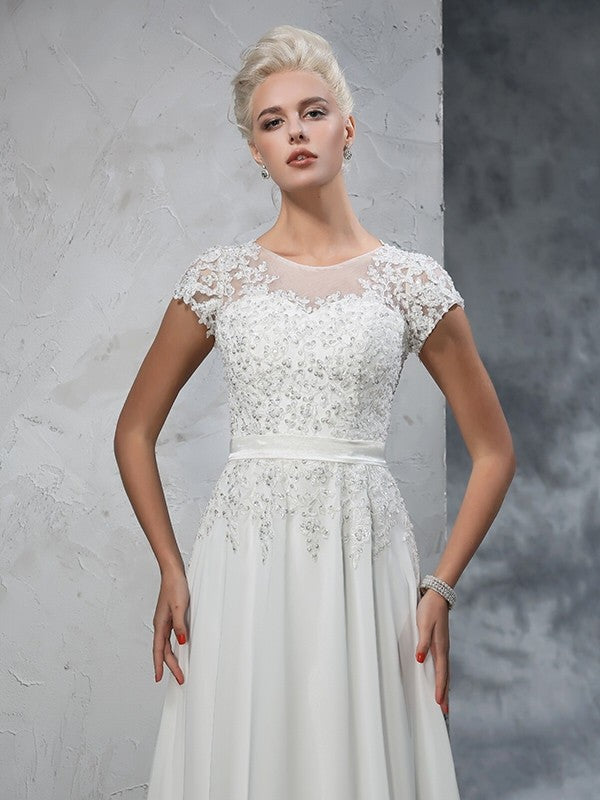 A-Line/Princess Sheer Neck Applique Short Sleeves Long Chiffon Wedding Dresses TPP0006193