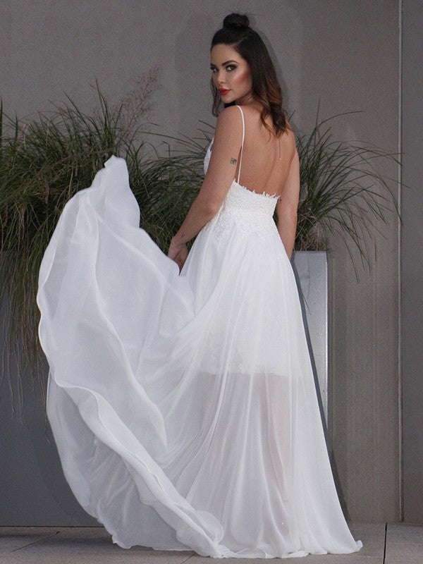 A-Line/Princess Applique Chiffon V-neck Sleeveless Sweep/Brush Train Wedding Dresses TPP0006445