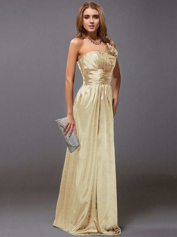 Sheath/Column One-Shoulder Sleeveless Ruffles Long Satin Bridesmaid Dresses TPP0005611
