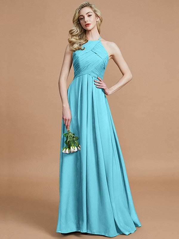 A-Line/Princess Halter Sleeveless Ruched Floor-Length Chiffon Bridesmaid Dresses TPP0005208