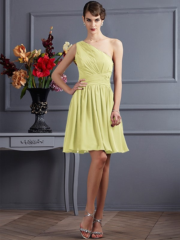 A-Line/Princess One-Shoulder Sleeveless Pleats Short Chiffon Bridesmaid Dresses TPP0005105