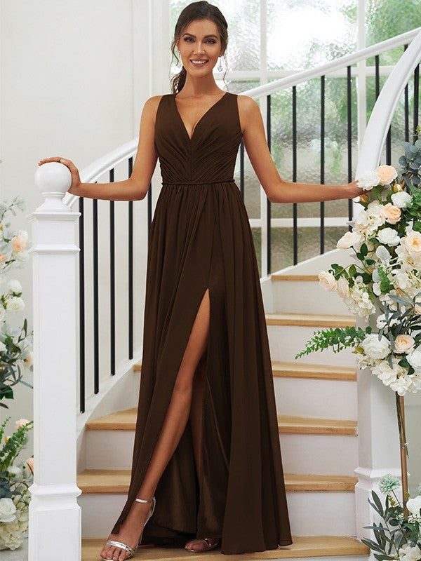 A-Line/Princess Chiffon Ruffles V-neck Sleeveless Floor-Length Bridesmaid Dresses TPP0004944