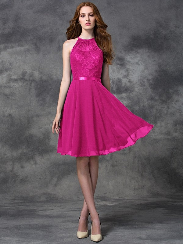 A-line/Princess Halter Lace Sleeveless Short Chiffon Bridesmaid Dresses TPP0005310