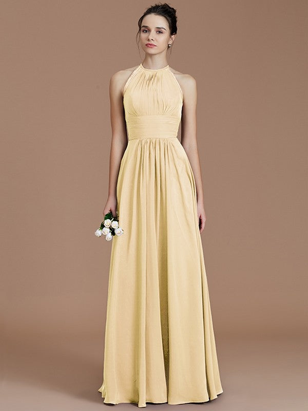 A-Line/Princess Halter Sleeveless Ruched Floor-Length Chiffon Bridesmaid Dresses TPP0005263