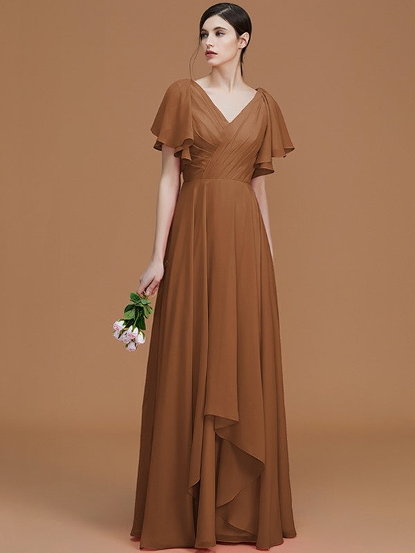 A-Line/Princess V-neck Short Sleeves Floor-Length Ruched Chiffon Bridesmaid Dresses TPP0005041