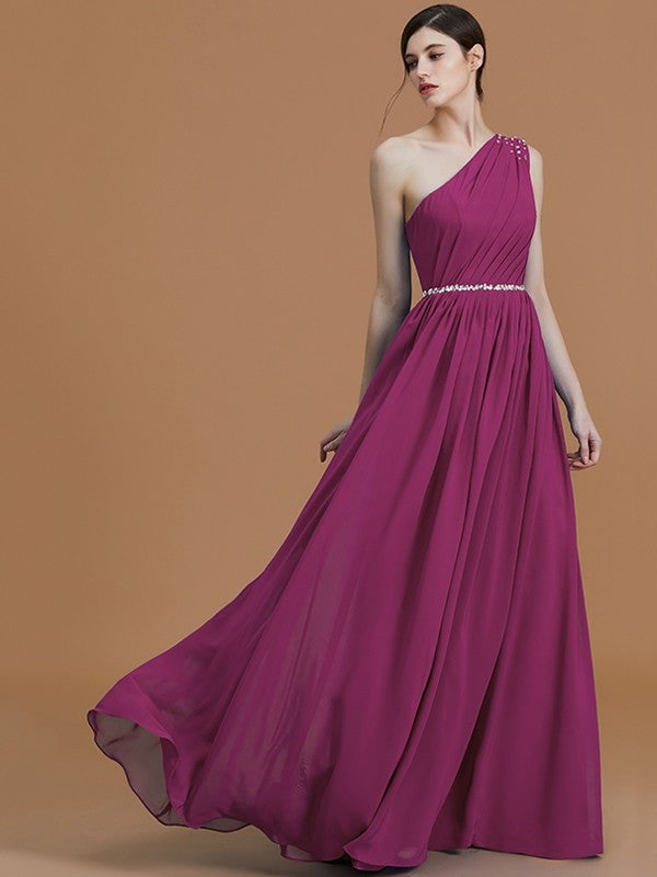 A-Line/Princess One-Shoulder Sleeveless Floor-Length Beading Chiffon Bridesmaid Dresses TPP0005259
