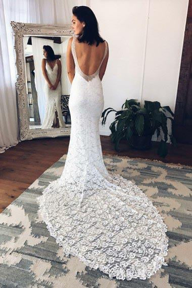 Elegant Mermaid Deep V-Neck Court Train Split-Front Backless White Lace Wedding Dresses