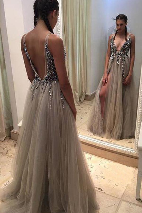 Grey Backless A-Line Deep V-neck Split-Front Sleeveless Sweep Train Prom Dresses with Beads