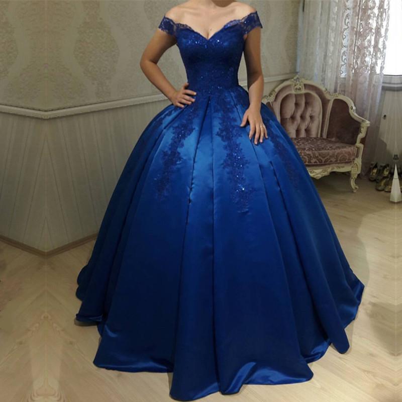 Unique Royal Blue Off Shoulder Lace Sweetheart Appliques Long Ball Gown Prom Dresses