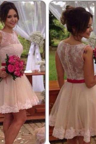 Lace Tulle Cute Fashion Scoop A-Line Sleeveless Homecoming Dress Short Prom Dress
