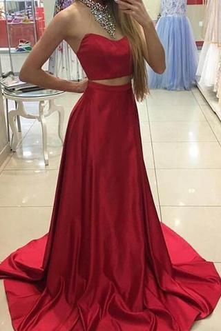 Fabulous Two Piece Red Halter Sleeveless Sweep Train with Beading Prom Dresses