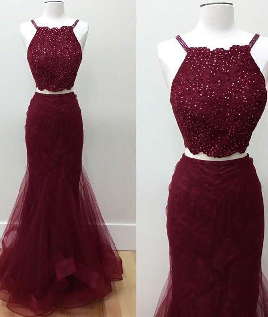 Hot-Selling Two-Piece Mermaid Halter Sleeveless Burgundy Long Prom Dress with Beading