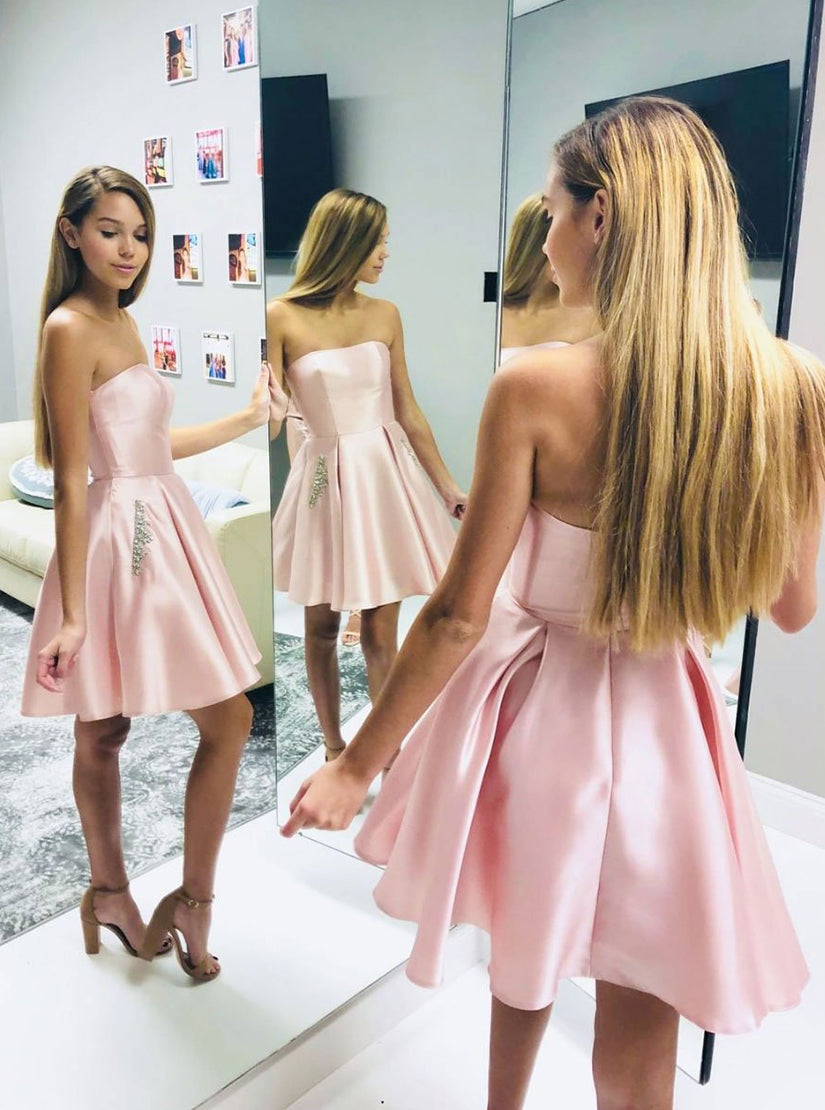 Simple Pink Sleeveless A Line Satin Short Homecoming Dresses