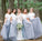 Short Sleeve White Top Light Grey Tulle Skirt Popular Floor-Length Bridesmaid Dresses