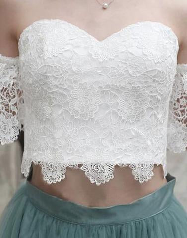 White Lace Tulle Two Pieces Off Shoulder Short Sleeve Short Prom Dress Homecoming Dress