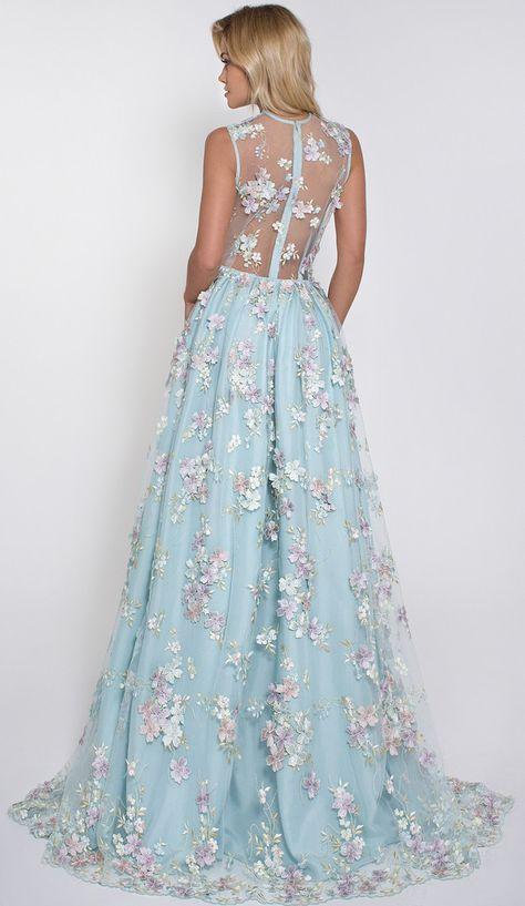 Hot Selling Deep V-neck Light Sky Blue Prom Dress with Flowers