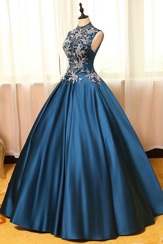 High Neck Sleeveless Appliques Ball Gown Open Back Satin Long Blue Prom Dresses