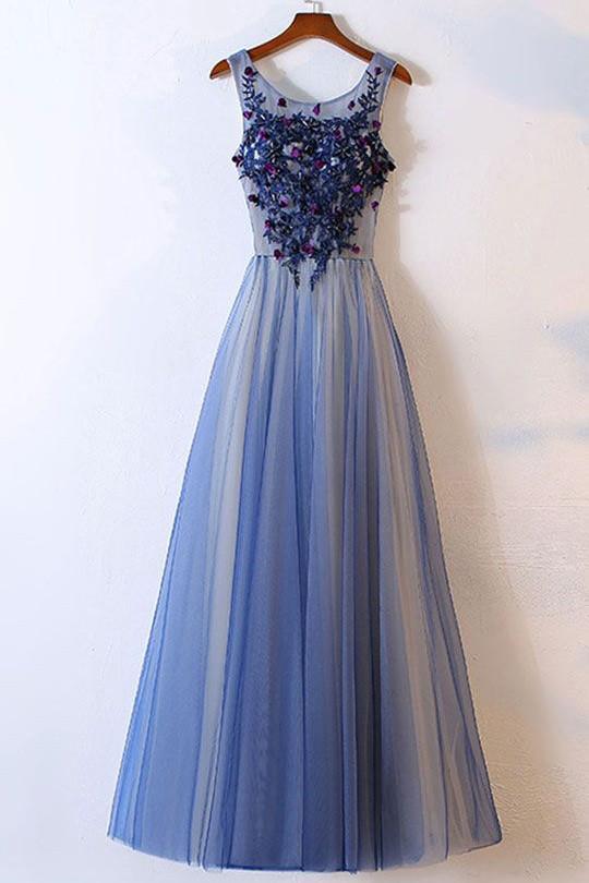 Elegant Long Appliques Blue Tulle Round Neck Long Evening Dress