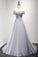 Dusty Blue A-Line Off-the-Shoulder Tulle Lace up Prom Dresses with Appliques Lace