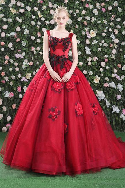 Gorgeous Ball Gowns Red Flowers Scoop Sleeveless Tulle Lace up Beads Prom Dresses